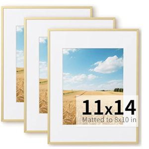 ZLG Golden 11x14 Frame, Premium 11x14 Metal Frame Matted to 8x10, Picture Frame, High Definition Plexiglass, Wall Hook Included, Set of 3