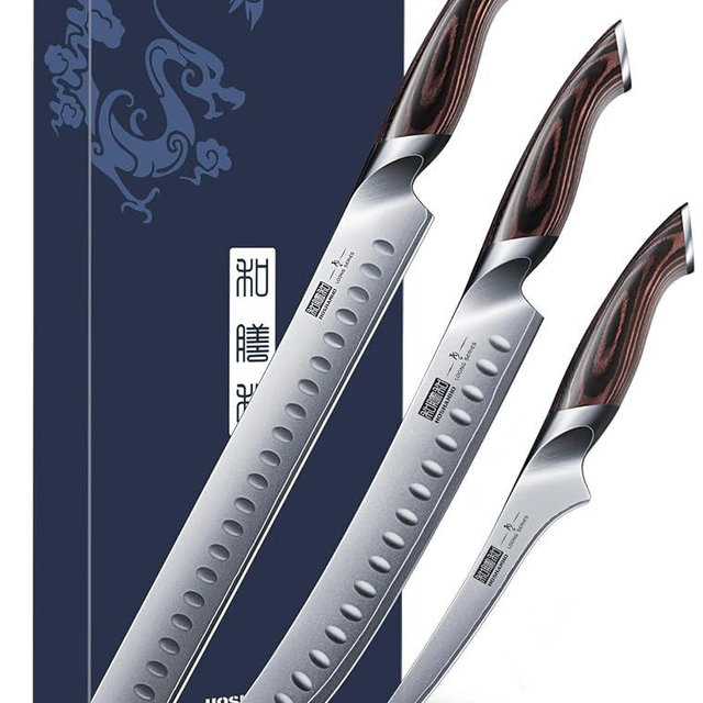 HOSHANHO Carving Knife Set 3PCS, Japanese High Carbon Steel Brisket Slicing Knife Sets with Ergonomic Pakkawood Handle, Butcher Knife Breaking Knife Boning Knife for Meat Cutting