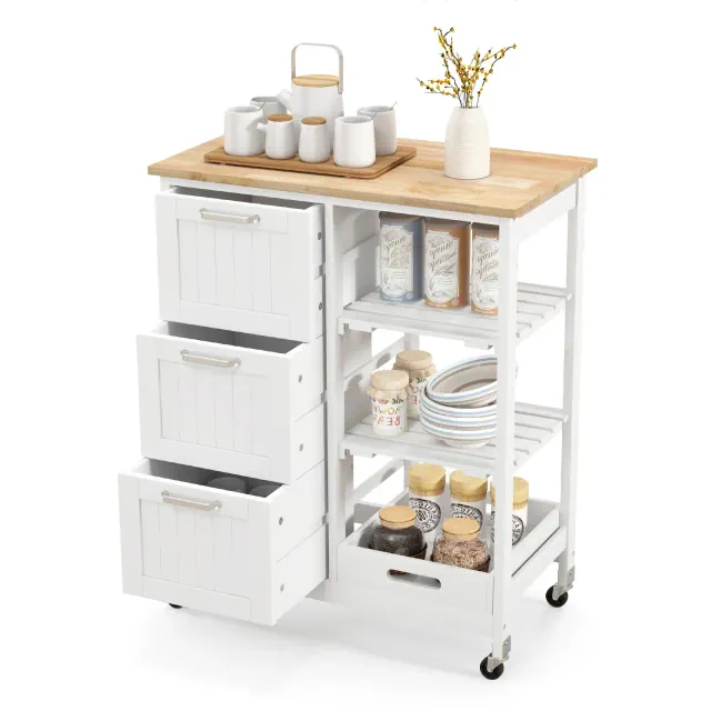 Costway Rolling Kitchen Island Utility Cart with 3 Storage Drawers & Open Shelves White