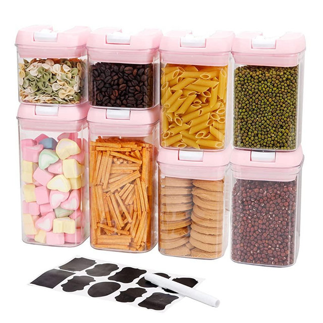 U-QE Airtight Food Storage Containers -8 Piece BPA Free Clear Plastic Airtight Containers with Easy Lock Lids for Kitchen Pantry Organization and Storage - Sugar, Flour, Cereal, Labels & Marker