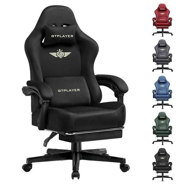 GTPLAYER Gaming Chair Fabric with Pocket Spring Cushion, Big and Tall Gamings Chairs 350LBS High Back Computer Chair with Footrest for Adults Lumbar Support Swivel Game Chair for Office Light Black