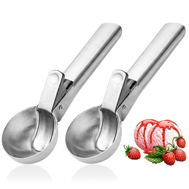 Ice Cream Scoop,Portable Stainless Steel Ice Cream Scoop with Trigger and Comfortable Handle,Dishwasher Safe,DIY Ice Cream,Gelato,Sorbet,Cake Batter (2P-silver)