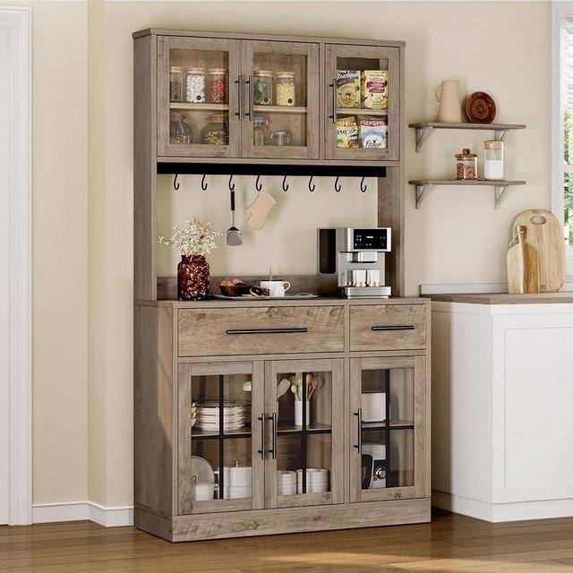 DWVO 71'' Kitchen Pantry Storage Cabinet with Microwave Stand, Modern Tall Kitchen Hutch Cabinet with Power Outlet, Food Pantry Cabinet with Drawers and Shelves for Home, Lvory Grey