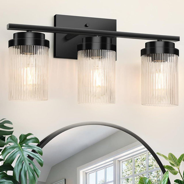 JUNNAI Black Bathroom Light Fixtures: 3 Light Bathroom Vanity Light with Grooved Glass Shade | Vanity Lights for Bathroom | Vanity Lighting Fixtures Wall Mount | Bathroom Lights Over Mirror