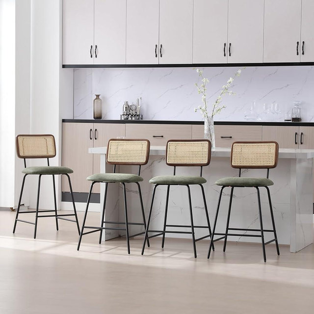 ZH4YOU Rattan Counter Height Bar Stools Set of 4, 26'' Faux Leather Counter Stools with Cane Back, Modern Counter Stools for Kitchen/Home Bar/Restaurant, Green PU