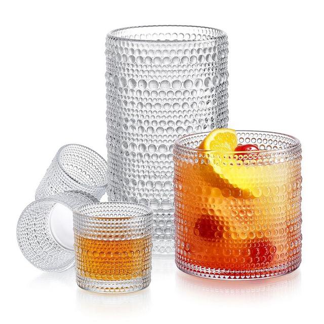 Glaver's Hobnail Drinking Glasses 12 Pc. Vintage Glassware Set. 4,15 Oz. Tall Highball Glasses: 4,13 Oz. Whiskey Bar Glasses: 4, 2 Oz. Mini Shot Glasses. Old Fashioned Beaded Glasses