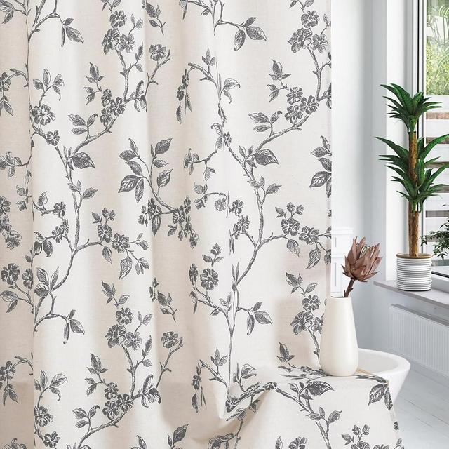 MitoVilla Grey Boho Shower Curtain Set, Cotton Floral Cottagecore Spring Shower Curtains for Bathroom, Modern Farmhouse Country Plant Leaves Bathroom Décor, 72" W x 72" L