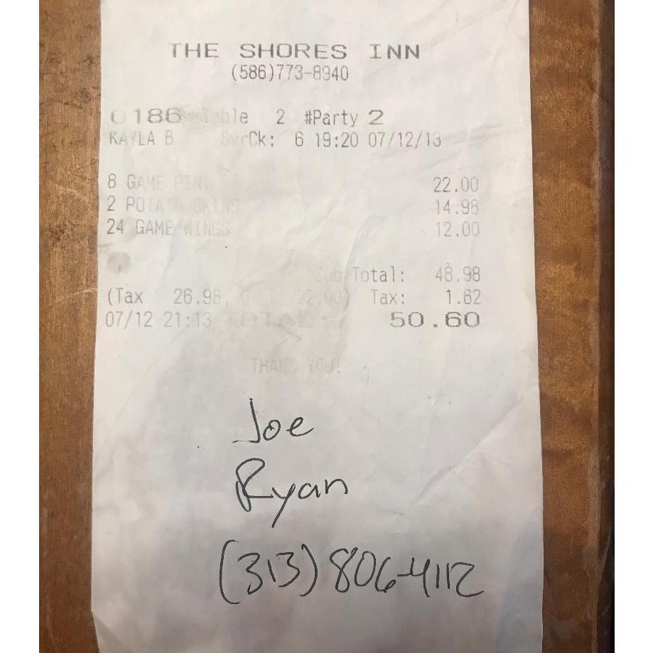 The original receipt from when Joe & I first met - Shores Inn - July 2013