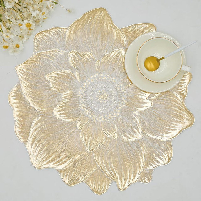 Gold Placemats Set of 6, Creative 3D Flower Placemats Waterproof & Oil-Proof - Metallic Pressed Vinyl Round Place Mats Fancy Decorative Table Mats for Holiday Wedding Accent Outdoor