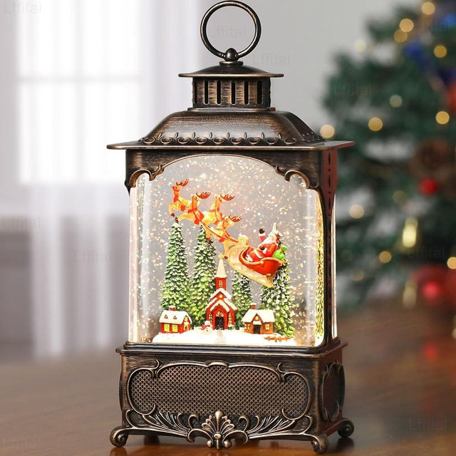 Lffital Christmas Snow Globes Village Snow Globe Lantern, Lighted Christmas Decorations Indoor for Home with Music Timer Glitter, Santa Claus Church Scene Festival Gifts, USB & Battery Operated