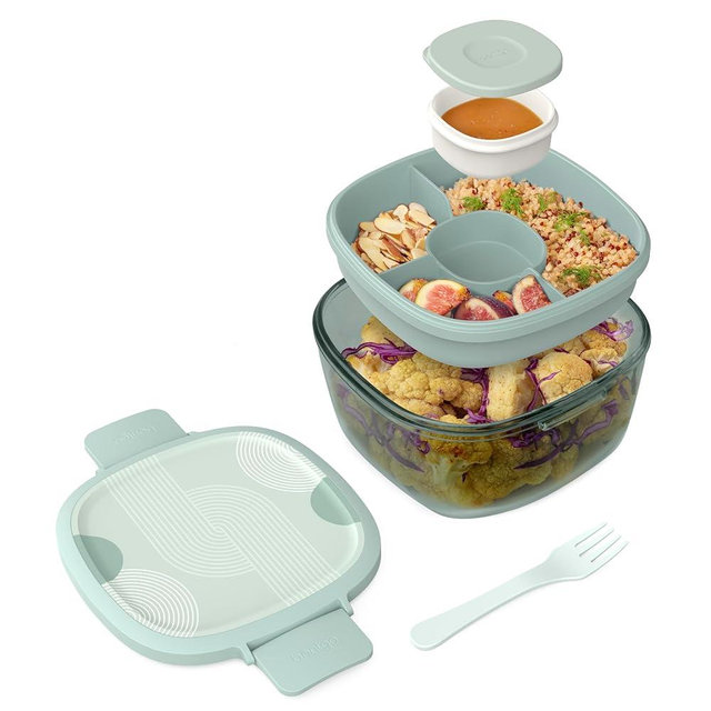 Bentgo Glass Prints All-in-One Salad Container - 61oz Tinted Glass Salad Bowl with Lid, Bento-Style Tray, Sauce Container, & Reusable Fork - Dishwasher & Microwave Safe (Mod Curve - Serene Green)