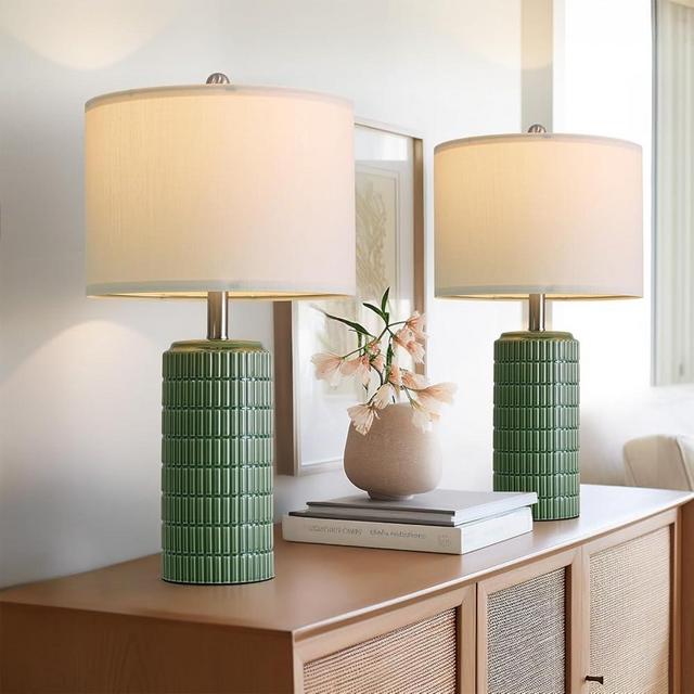 PoKat 23" Dark Green Ceramic Table Lamps Set of 2, Modern Table Lamps for Living Room, Farmhouse Lamps for Bedroom Night Stands, Traditional Nightstand Desk Decor Lamps