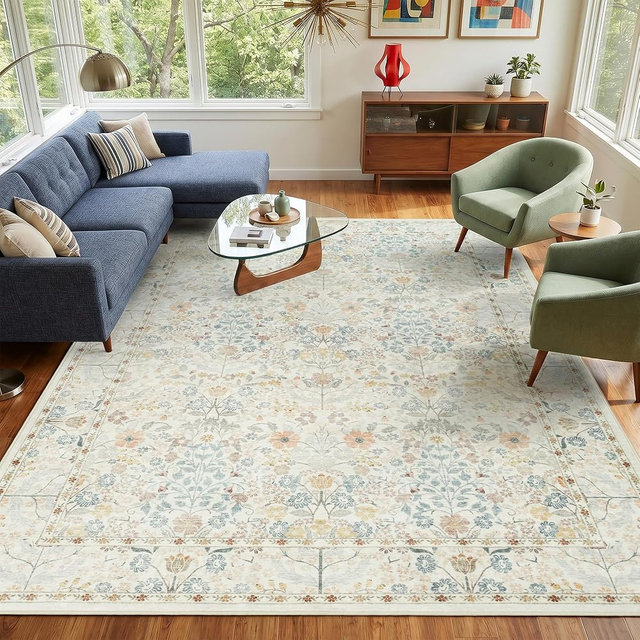 Sparkle Gaze Washable Dining Room Rugs for Under Table - 6x9 White Ivory Beige Floral Area Rug for Living Room, Low Pile Non Slip Floor for Bedroom, Vintage Distressed Ultra Soft Stain Resistance