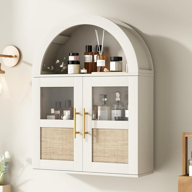 RUSTOWN Arched Bathroom Wall Cabinet, Rattan Medicine Cabinet with 2 Glass Doors, Farmhouse Over the Toilet Storage Cabinets with Adjustable Shelves, 3-Tier Wall Mounted Cabinets