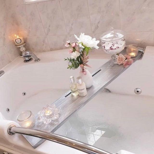 (80cm) Wooden Distressed Rustic Grey Bath Rack Over The Bath Storage Caddy Bathtub Tray Bath Board Bathroom Bath Shelf Wine Glass Slot Tablet Slot