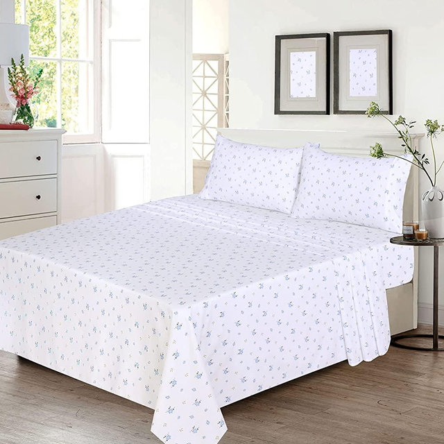 Ruvanti 100% Cotton Bed Sheets, 4 Pcs Bed Sets, Blue Floral King Size Sheets Set, Soft, Breathable Fabric, Deep Pocket Sheets, Cooling Bedding Sheets Set Include 1 Flat, 1 Fitted Sheet, 2 Pillowcases.