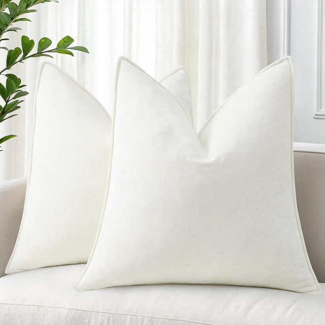 decorUhome Christmas Couch Throw Pillow Covers 22x22 Set of 2, Decorative Soft Euro Velvet Neutral Chenille Pillow Covers with Elegant Design for Sofa Bed Living Room Home Decor, Cream White
