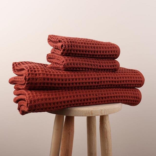 Püskül - 4 Pieces Waffle Towel Sets for Bathroom, Premium Organic Turkish Cotton 2 Hand Towels 2 Bath Towels Set (Brick)