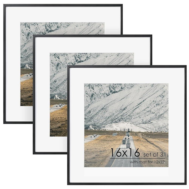 16x16 Metal Square Picture Frame for Wall with Mat for 12x12, 16''x16'' Aluminum Photo Frames With Tempered Glass for Home Decor, Minimalist Modern Poster Frame Horizontally Vertically Set of 3, Black