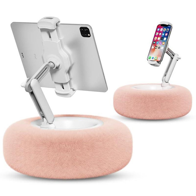 Viozon Tablet Stand Pillow, Compatible with 4.7"-13" Phone/Tablet, iPad, iPhone, Samsung, Google, Kindle, 360°Adjustable Phone Holder for Bed with Soft Plush Fabric, and Detachable Bowl, Pink
