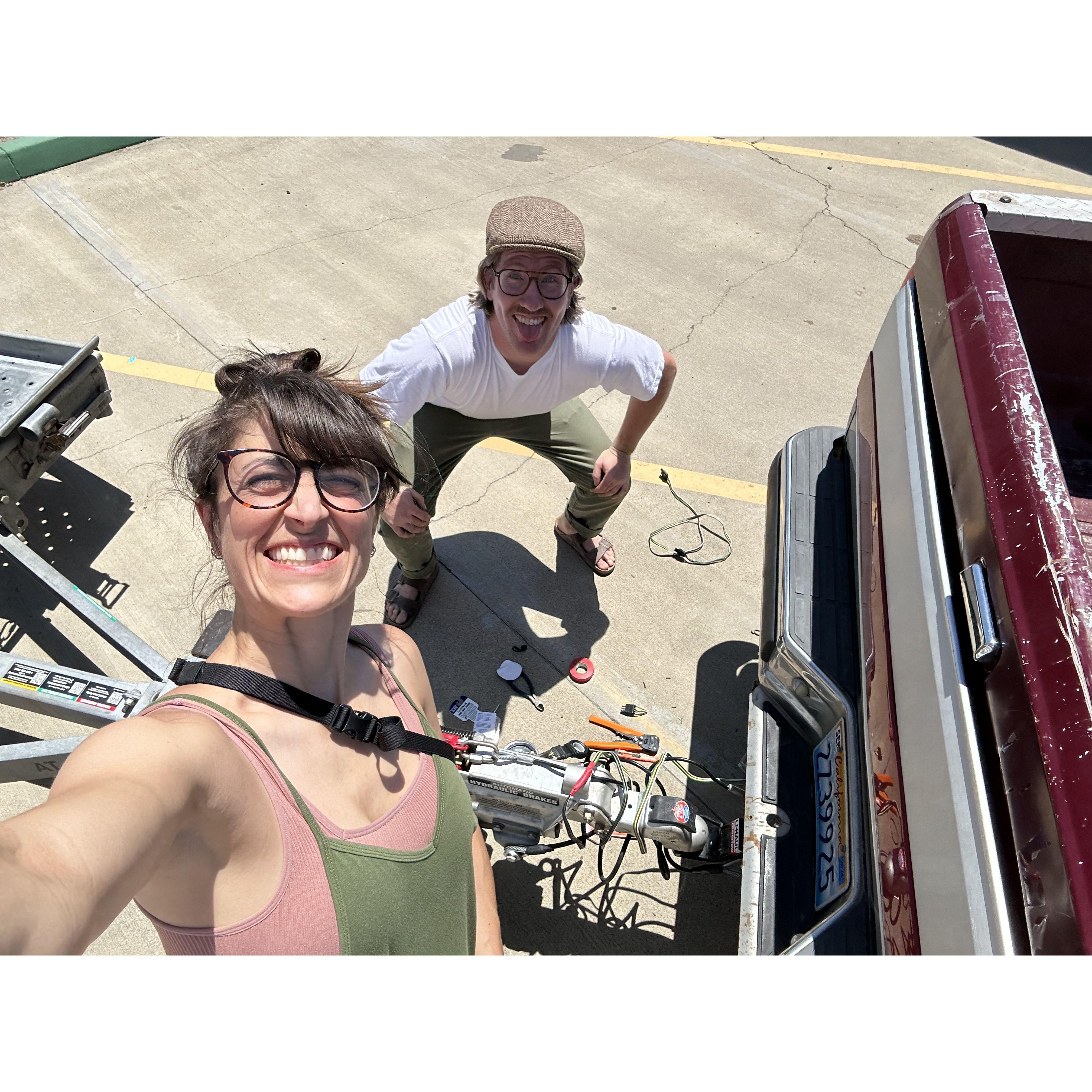 John is a master at making things work. Jimmy rigging the hitch lights in the Uhaul parking lot.