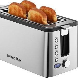 Mecity 4 Slice Toaster, Long Slot Toaster With Countdown Timer, Bagel/Defrost/Reheat/Cancel Functions,Warming Rack, Removable Tray, 6 Browning Settings, Extra Wide Slots, Stainless Steel, 1300W