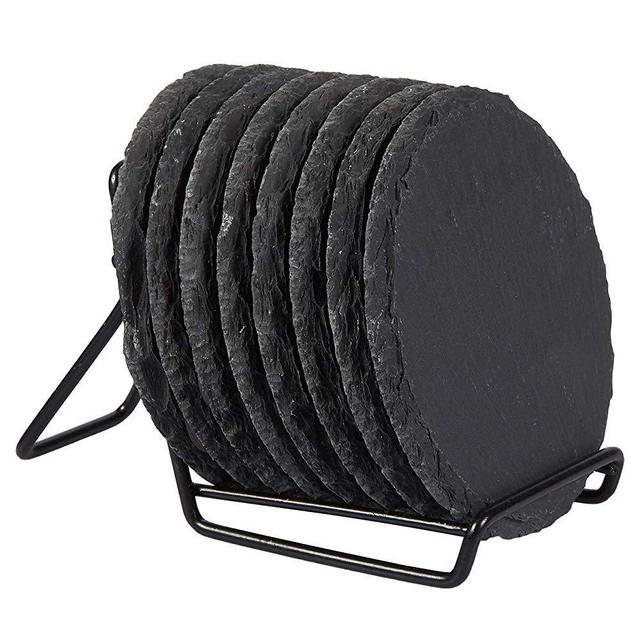 8-Pack Slate Stone Coasters Set with Steel Stand - Round Black Natural Edge Stone Drink Coasters for Bar and Home - 3.8 Inches in Diameter