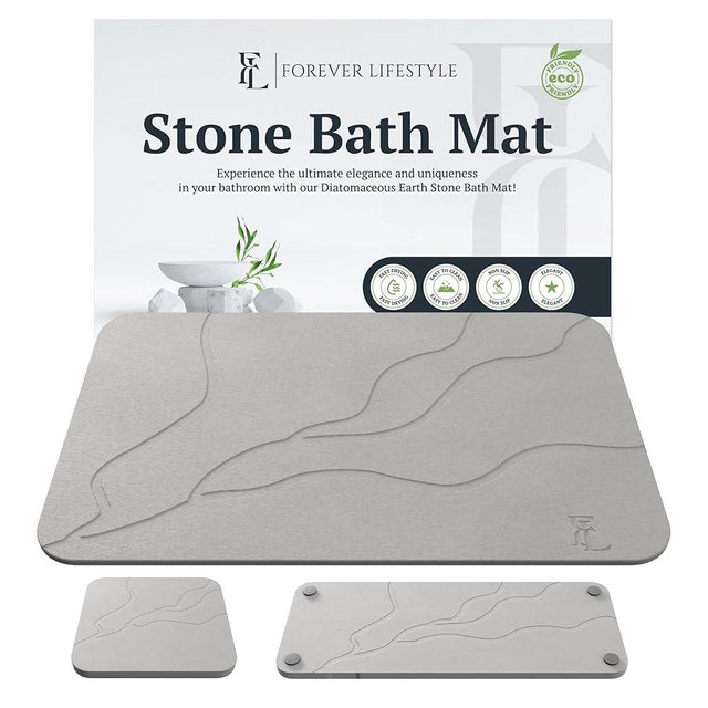 Diatomaceous Earth Stone Bath Mat 24x15 | 3-Piece Set with 2 Caddies | Ultra Absorbent Fast Dry Bathroom Mat | Odor Resistant, Non Slip, Instant Drying Mat for Home & Shower (Dark Grey-Sculpted)