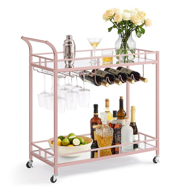 VASAGLE Bar Cart Gold, Home Bar Serving Cart, Wine Cart with 2 Mirrored Shelves, Wine Holders, Glass Holders, for Kitchen, Dining Room, Rose Gold ULRC090A07