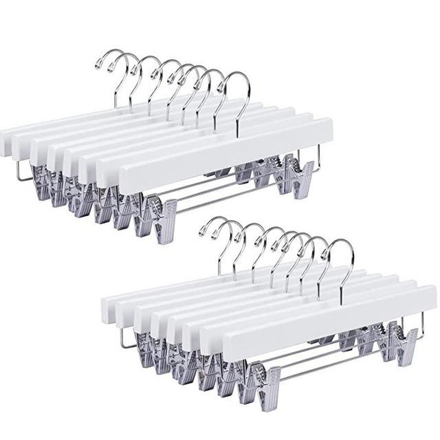 Amber Home Solid White Wooden Pants Skirt Hangers 24 Pack, Bottom Hanger for Slacks Trousers Jeans with 2-Adjustable Clips (White, 24)