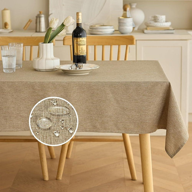 Decorelia Waterproof Rectangle Dining Table Cover for 6 Seater, 6ft Table, Easy Wipe Clean Outdoor Linen Tablecloth for Party, Wedding and Camping (Oblong, 60 x 84 Inch (6-8 Seats), Natural)