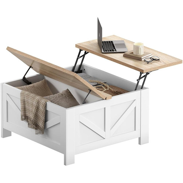 Yaheetech 31.5" Lift Top Coffee Table with Storage, Square Coffee Table for Living Room, Farmhouse Center Tables with Large Hidden Storage Compartment for Home Office, White & Light Oak