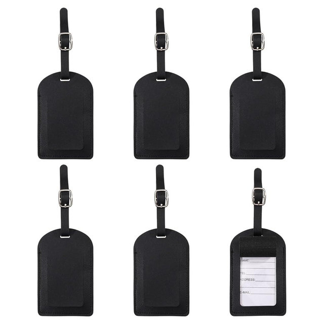 GLOBLELAND 6Pcs Leather Luggage Tags Black Privacy Protection Suitcase Labels Travel ID Labels Suitcase Name Tags with Iron Clasp for Backpack Travel Bags