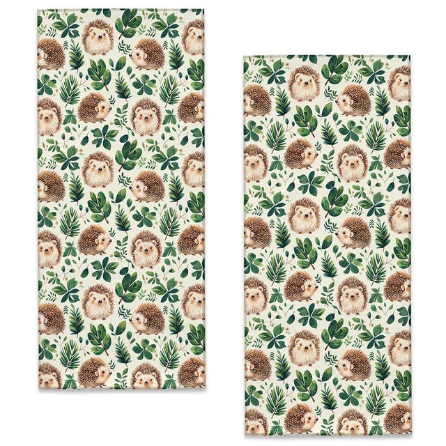 Bidesk Charming Hedgehog Hand Towels, 2 Pack Microfiber Hedgehogs with Green Leaves Towel Set for Kitchen Bath Spa Sport, 14.5"×28", Bathroom Absorbent Decoration Hand Towel for Hotel Gym Beach