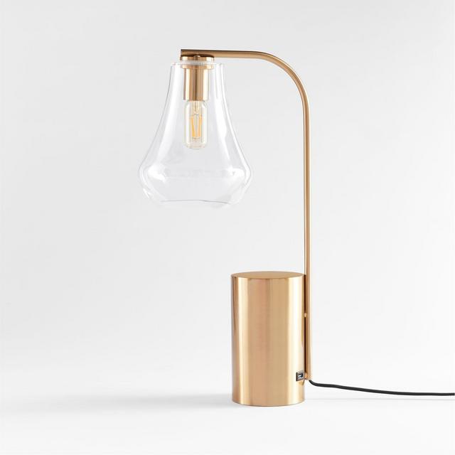 Arren USB Brass Table Lamp with Clear Teardrop Shade