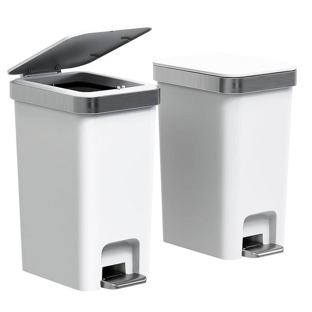 onlcuk 2Pack Small Bathroom Trash Can with Lid Soft Close, 10 Liter/2.6 Gallon Slim Garbage Can-Metal Step and Press top Lid, Mini Modern Waste Basket for Toilet, Office, Bedroom,Dorm,Grayish-White