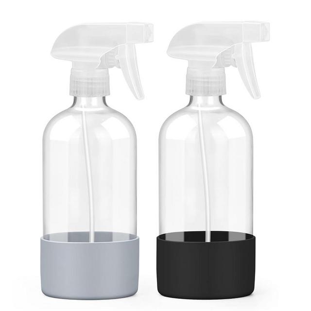 Worldgsb 2 Pack Glass Spray Bottles with Silicone Sleeve, 16 oz Empty Refillable Containers with Adjustable Spray Nozzles, Spray Bottles for Hair, Cleaning Solutions and Plants Black&Grey