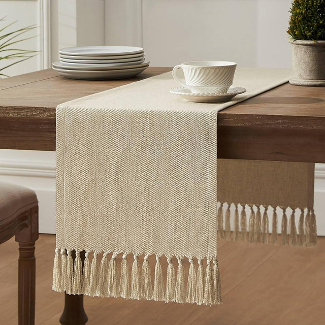 ZeeMart Linen Blend Table Runner, Oatmeal 13x60 Inch, Farmhouse Burlap Linen Style Rustic Tan Table Runners 60 Inches Long