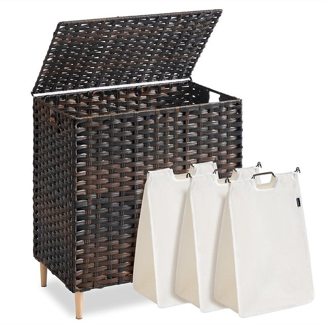 SONGMICS Laundry Hamper with Lid, 42 Gal. (160 L) PE Rattan Laundry Basket with Lid and Handles, Natural Material,Removable Machine Washable Liner, Chestnut Brown ULCB223ME01