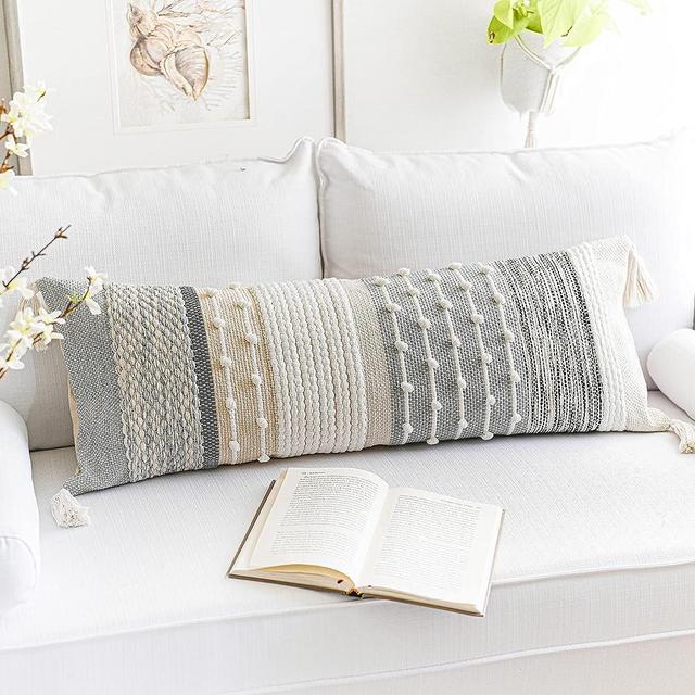 BlissBlush Gray Boho Lumbar Throw Pillow Cover 14x36, Grey Accent Long Body Lumbar Pillow for Bed, Decorative Modern Bohemian Woven Textured Lumbar Pillow for Bed (Cover ONLY)