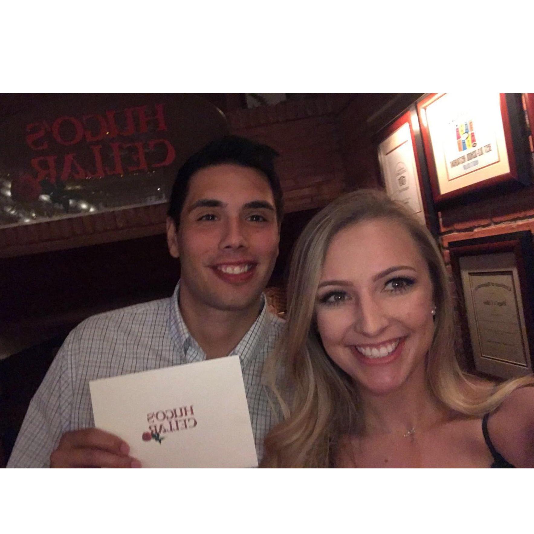 Our celebratory engagement dinner at Hugo's Cellar in Old Las Vegas