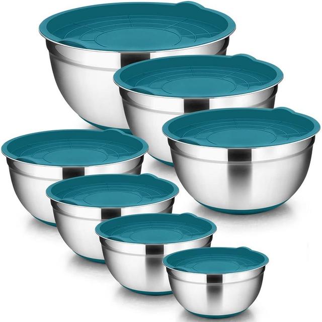 TeamFar Mixing Bowl Set of 7, Stainless Steel Metal Nesting Salad Mixing Bowls with Lids, Healthy & Easy Clean, Air-Tight Lid & Silicone Bottom, 7/3.5/3 / 2.5/1.5/1 / 0.7 QT, Blue