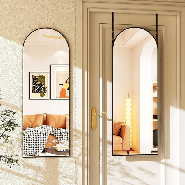 XRAMFY 48"x14" Arched Full-Length Mirror - Over-Door/Wall-Mounted Adjustable Hanging Mirrors with Aluminum Alloy Frame, Full Body Mirror for Bedroom, Living Room, Dorm, Entryway - Black