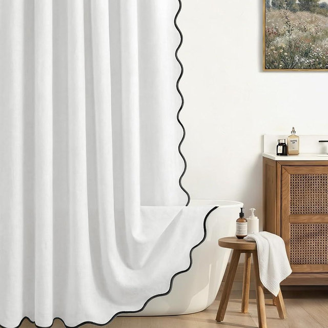 XOGUIBO Linen Shower Curtain White Cute Black Scalloped Boho Modern Shower Curtains for Bathroom Set, 72" W x 84" L