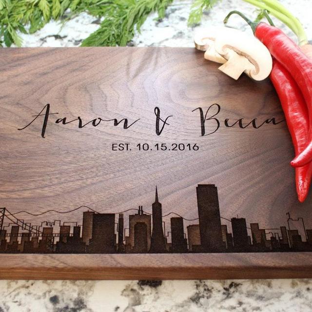 Personalized, Engraved Cutting Board with Modern City Skyline Design for Housewarming or Wedding Gift #050