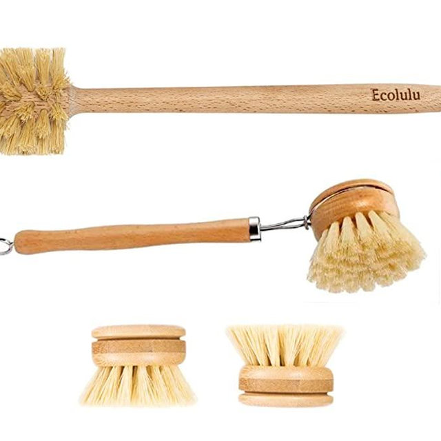 ECOLULU Natural Bamboo Dish Brush & Wood Bottle Brush for Wide Mouth Bottles, Cups and Jars, 2 Replacement Heads included (4 units total) Biodegradable, Eco Friendly Products