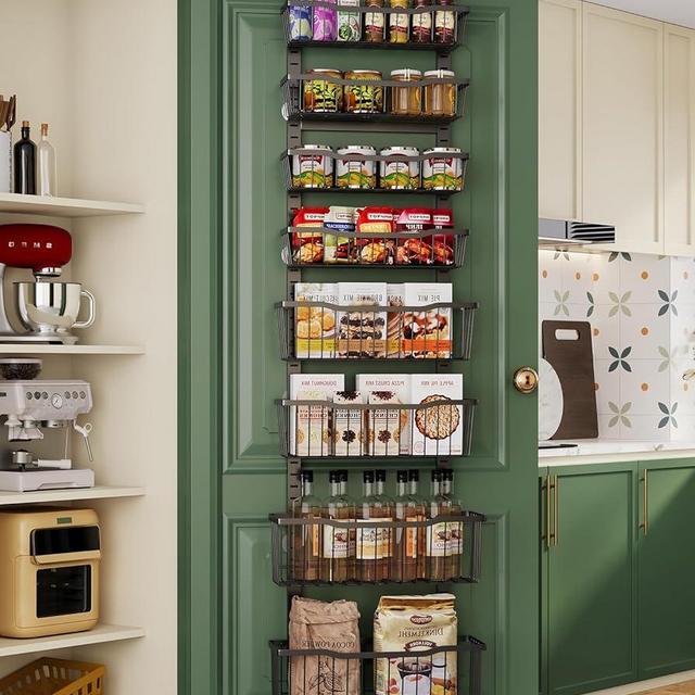 Eastherry Over The Door Organizer，8-Tier Over The Door Pantry Organizer with Adjustable Baskets，Metal Hanging Pantry Organizers and Storage for Kitchen, Back of Door Seasoning Rack (Black)