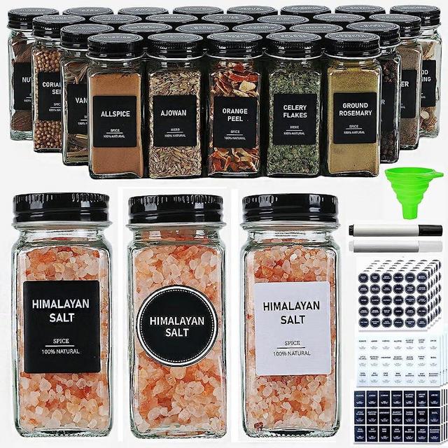 JARXSUN 25 Glass Spice Jars with Label-4oz Spice Containers with Black Metal Caps and Shaker Lids,3 Sets of Spice Labels 1 Collapsible Funnel 2 Erasable Markers (25)