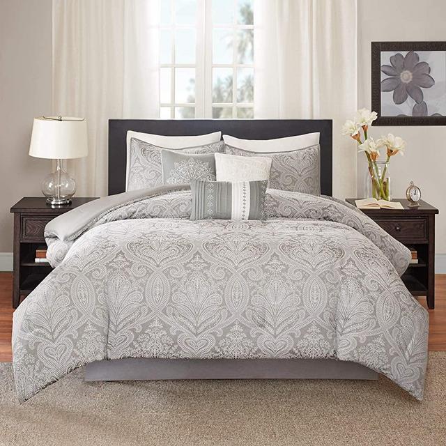 Madison Park Averly 7 Piece Comforter Set, Grey, Queen, (90"x90")