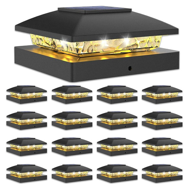 VOLISUN 4x4 Solar Post Cap Light 16pack,Solar Fence - Post Lights Outdoor Waterproof for Wooden/Vinyl Post, White Deck Post Cap Light Solar Powered with Warm White for Garden/Patio/Porch, Black